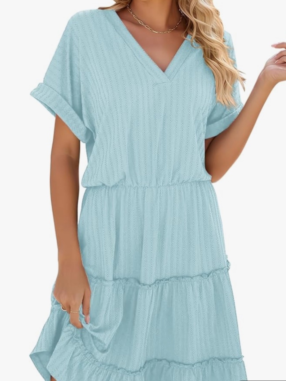 Womens blue short sleeve ruffle dress